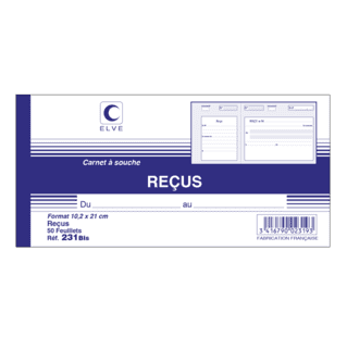 231BIS - Carnet à souche "Reçus sans TVA" - 105 x 210 - 50 feuillets - x10